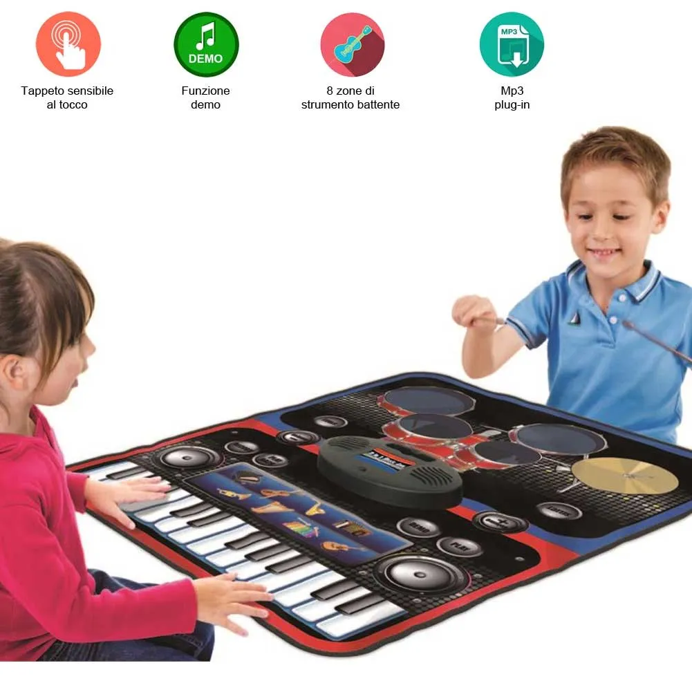 Tappeto Musicale 2in1 Batteria Tastiera Con Bacchette Playmat Bambini 60x90cm