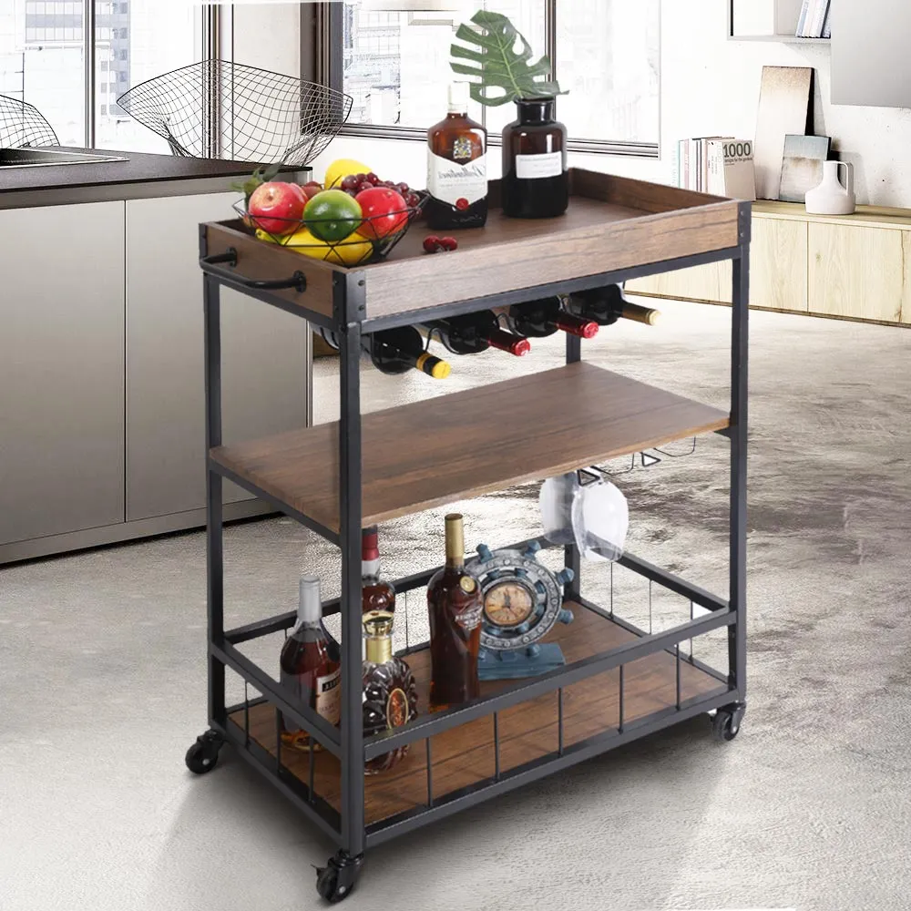 Carrello Cucina 3 Ripiani Vassoio Estraibile Portabottiglie Design Industriale