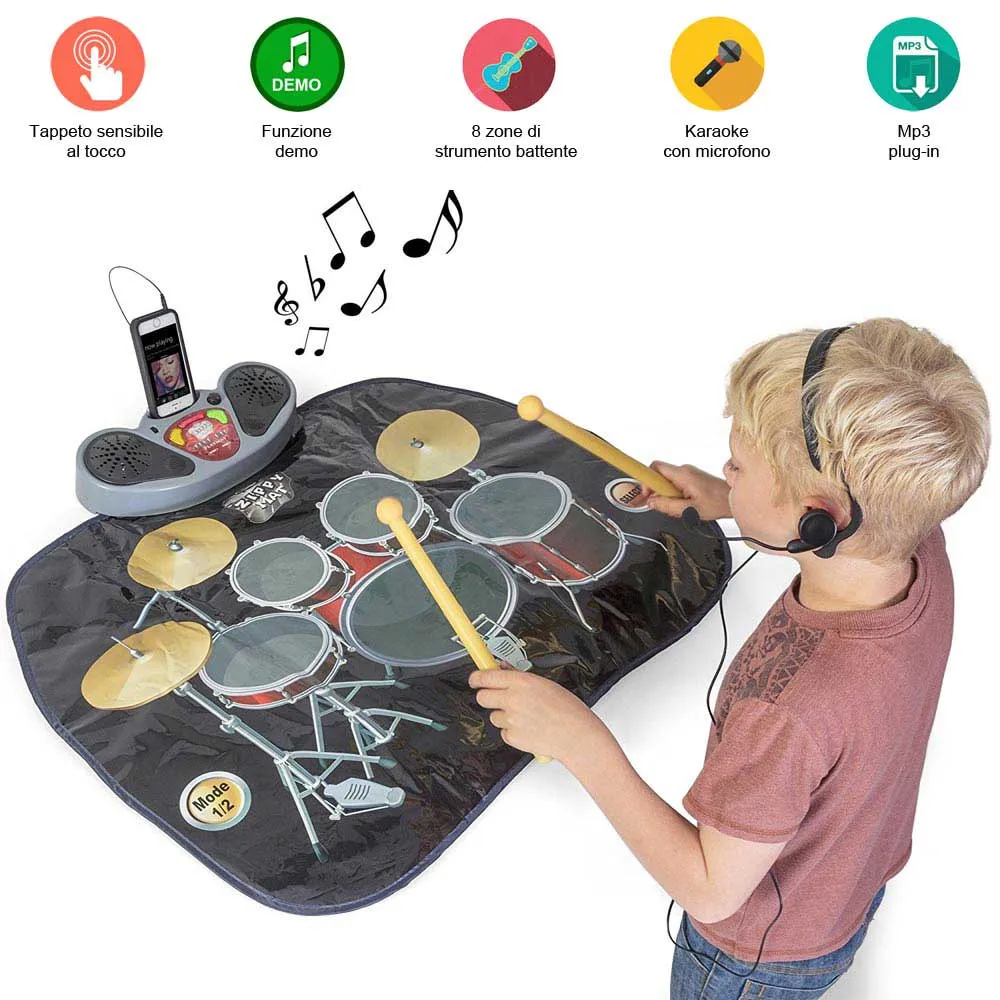 TAPPETO BATTERIA MUSICALE KARAOKE CON MICROFONO E BACCHETTE DRUM KIT PLAYMAT