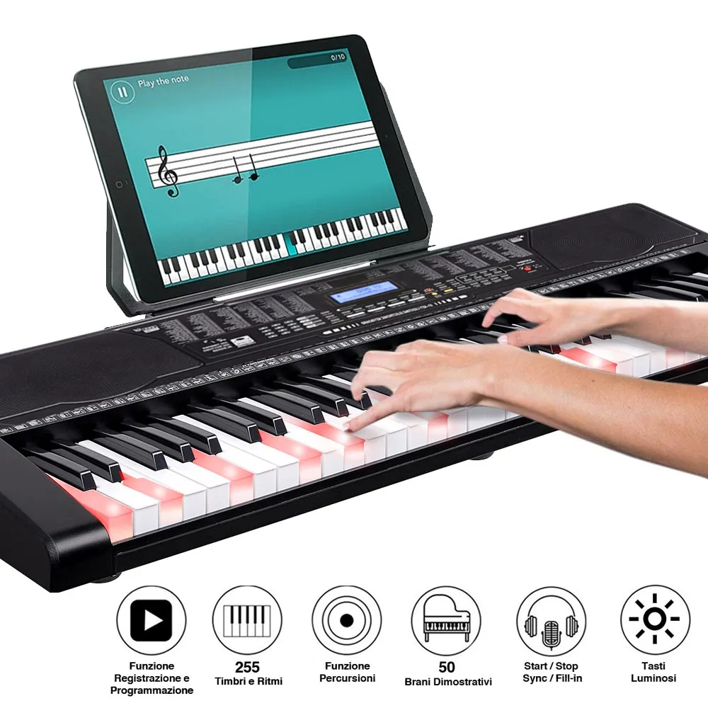 Tastiera Musicale Pianola Elettronica 61 Tasti Luminosi Pianoforte Attacco Aux