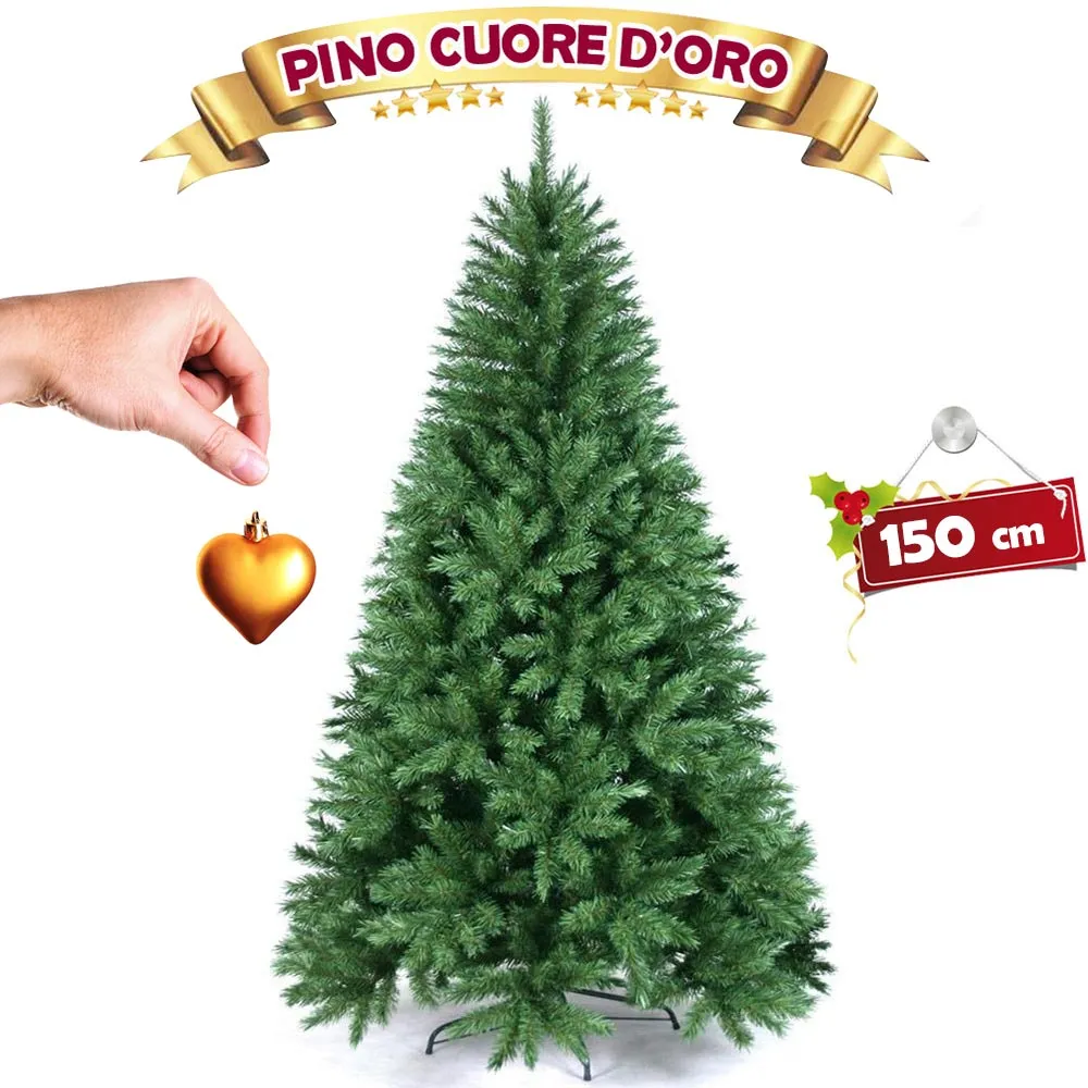 Albero di Natale 150 cm Pino Cuore d'oro Verde Folto 375 Rami Base a croce ferro