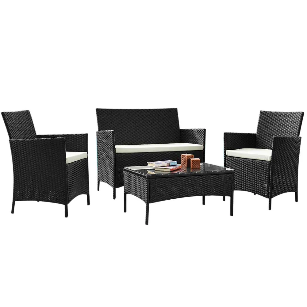 Set Salotto Completo Divano Poltrone Tavolino Poly Rattan Arredo Giardino Nero