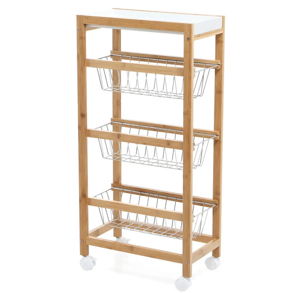 Carrello Cucina Slim Salvaspazio Legno Bambu 4 Ripiani Vassoio 3 Cestelli Ruote