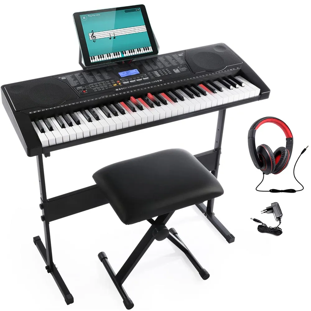 Tastiera Musicale Pianola Elettronica 61 Tasti Luminosi con Supporto e Sgabello