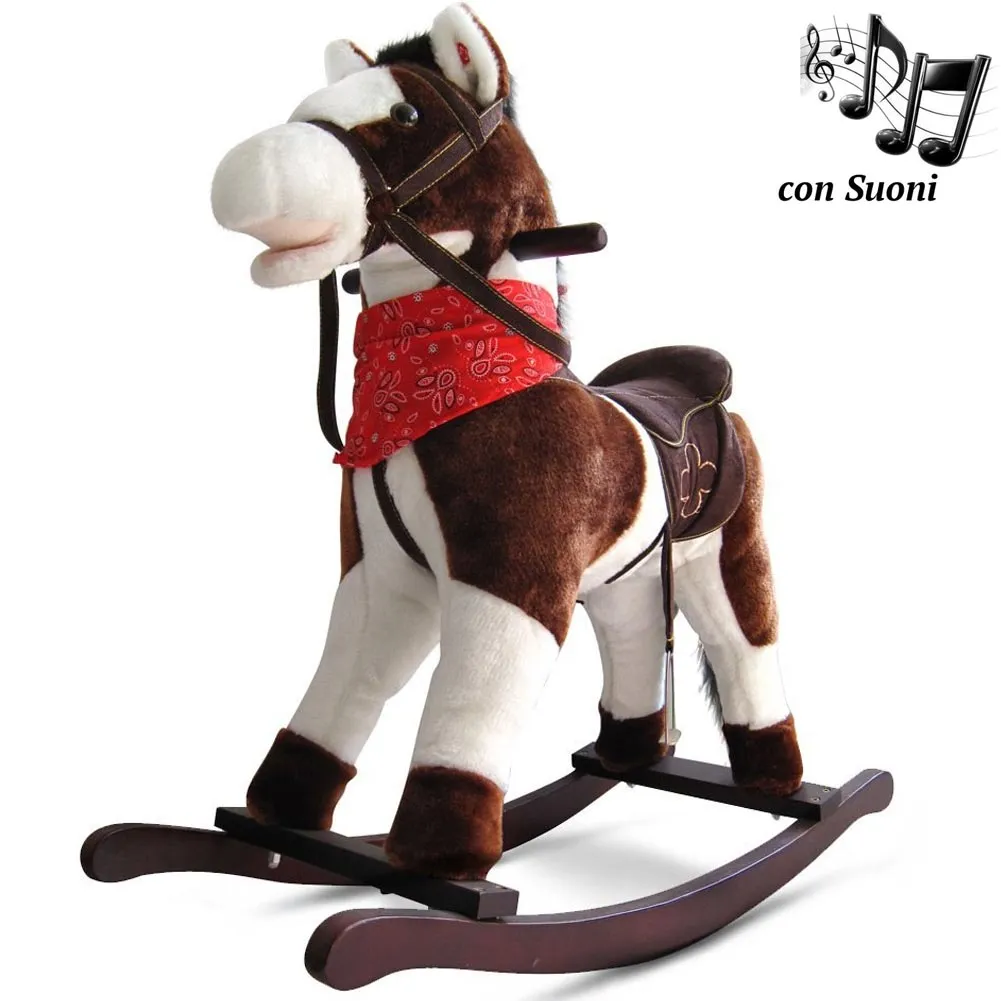 Cavallo a Dondolo Con Effetti Sonori Realistici Legno e Peluche Bambini Infanzia