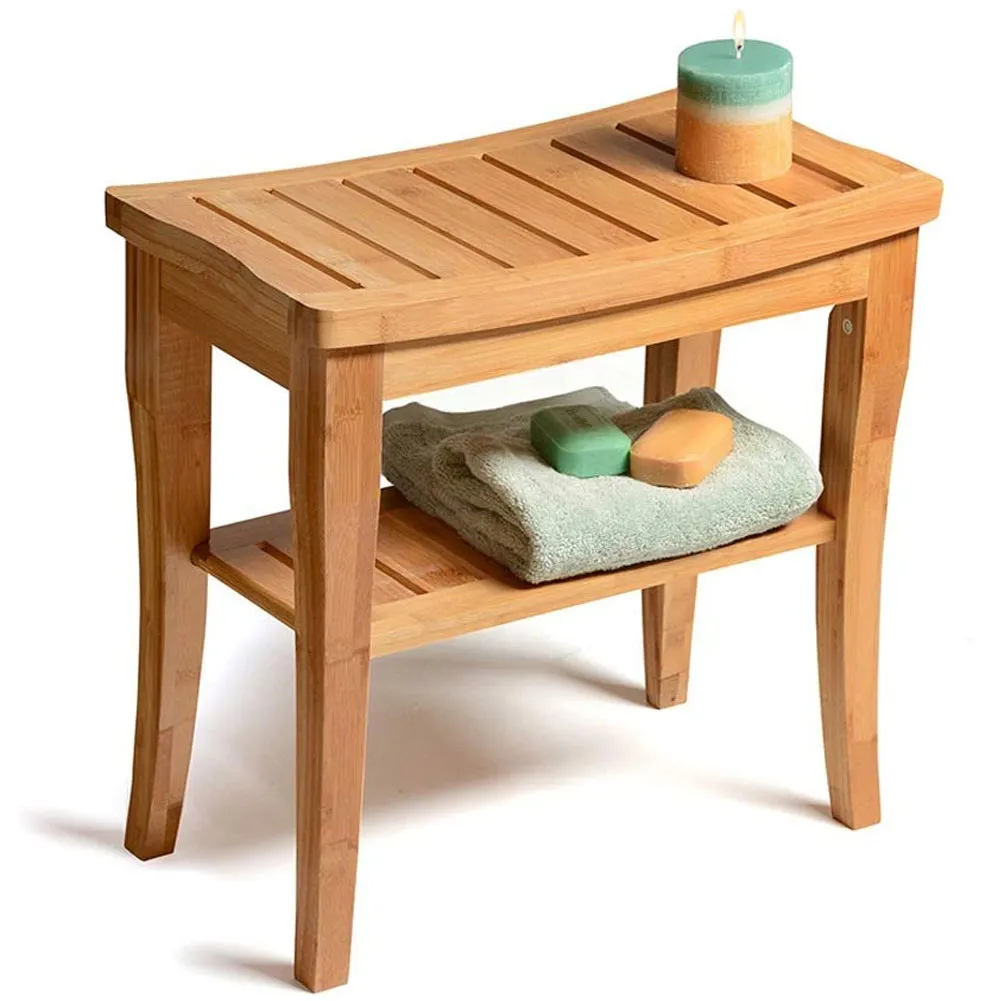 Sgabello da Bagno in bambu Naturale con Panca Ripiano Portaoggetti bamboo