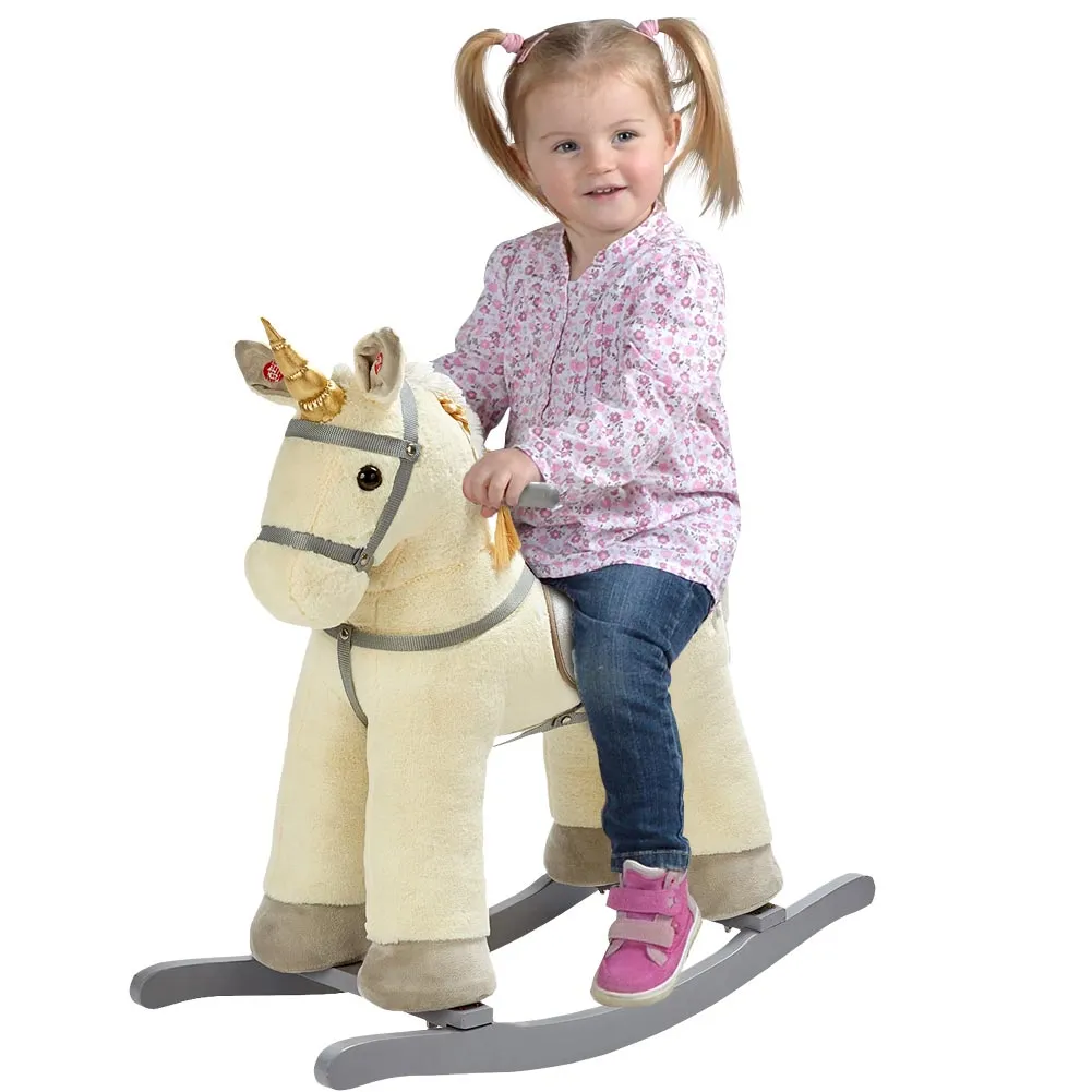 Unicorno a Dondolo Cavalcabile Peluche Cavallo Giocattolo Bambini Suoni Beige