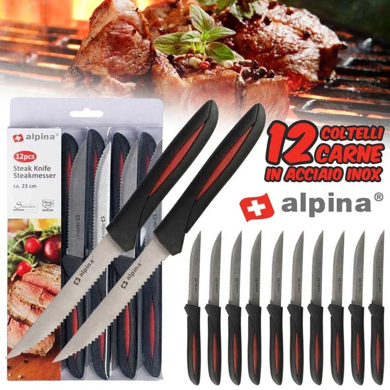 12 Coltelli Per Carne In Acciaio Inox 22,8 cm Coltello Bistecca Barbecue Alpina