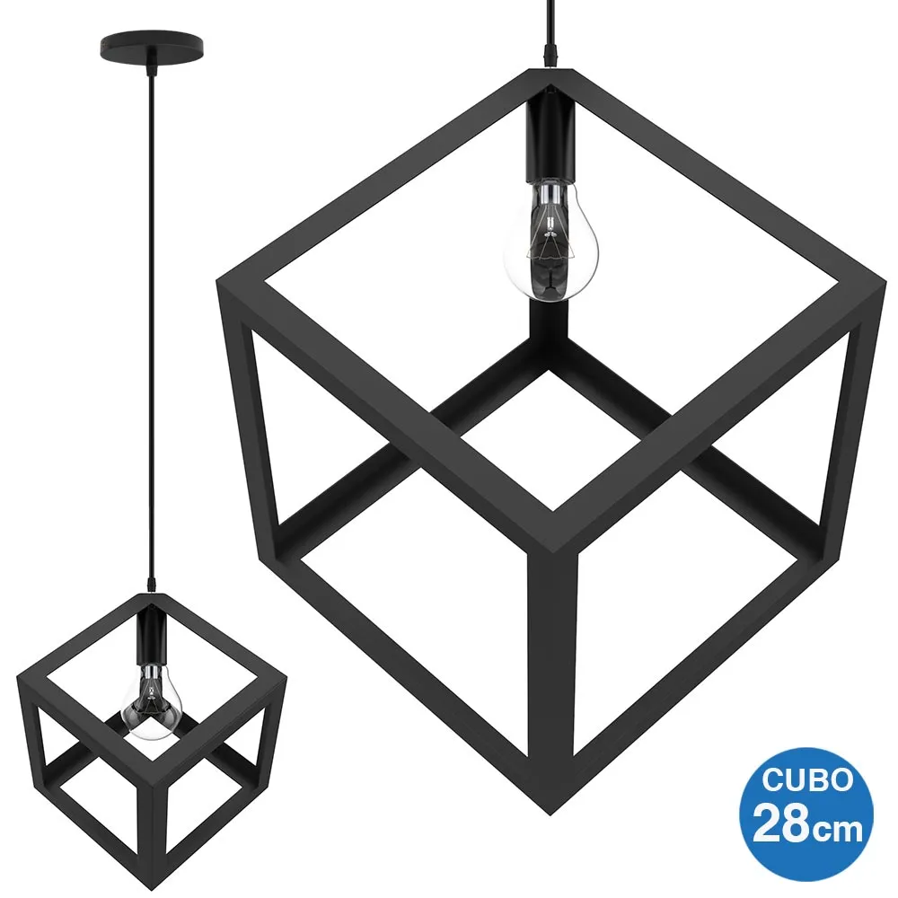 Lampadario Lampada Sospensione Cubo 28cm Design Moderno Paralume Metallo Nero