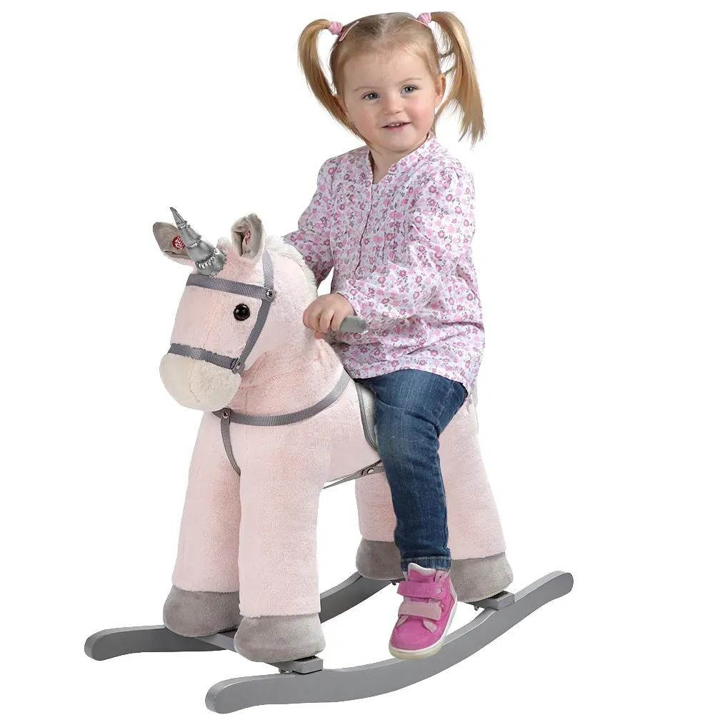 Unicorno a Dondolo Cavalcabile Peluche Cavallo Giocattolo Bambini Suoni Rosa