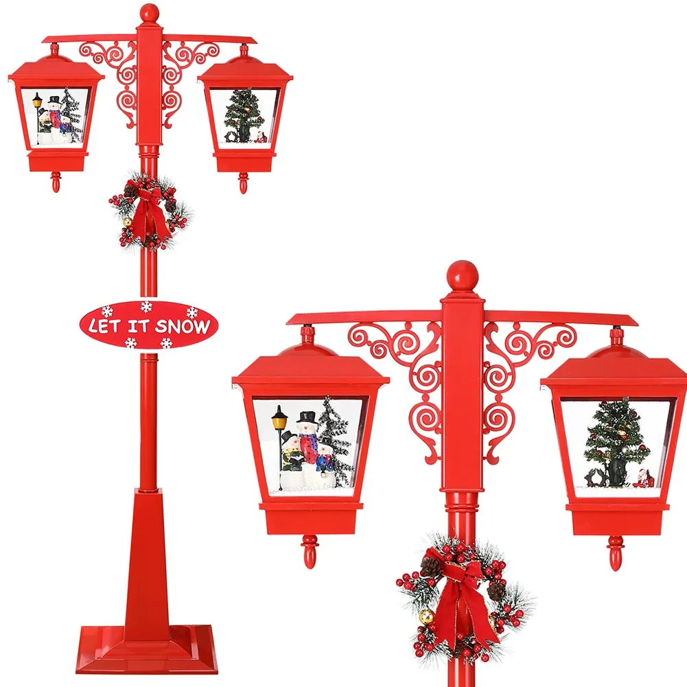 Lampione Natale con Luce LED Scena Natalizia Neve Motorizzata Musica 188cm Rosso