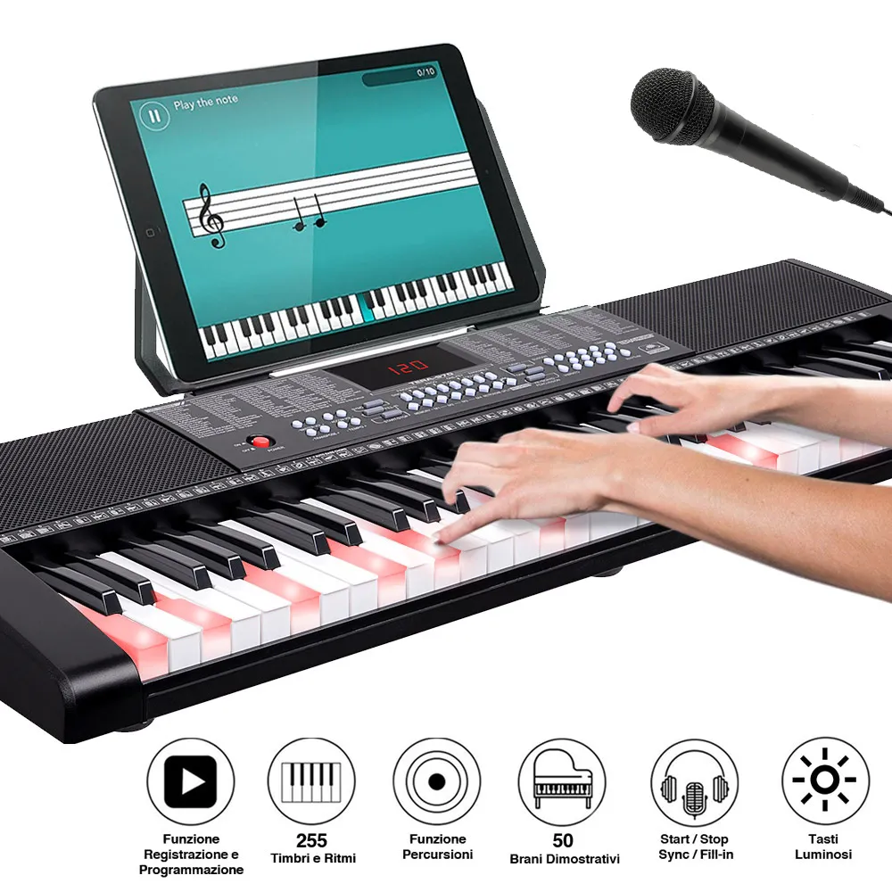 Tastiera Musicale Pianola Elettronica 61 Tasti Luminosi Pianoforte con Microfono