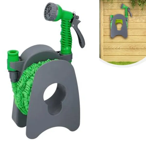 Tubo Da Giardino Estendibie Pompa Acqua Terrazzo 15MT Supporto Parete e Pistola