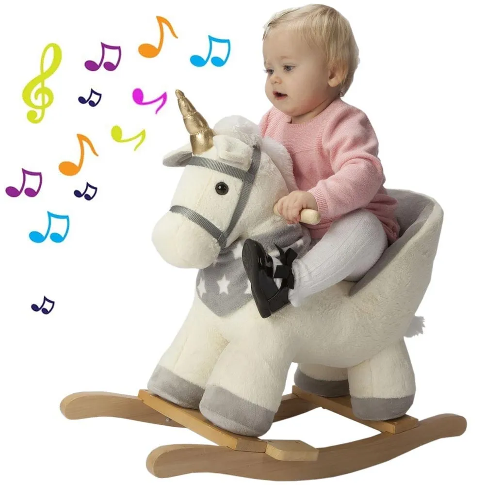 Unicorno Dondolo Cavalluccio Cavalcabile Peluche Bambini con Effetti Sonori Beig