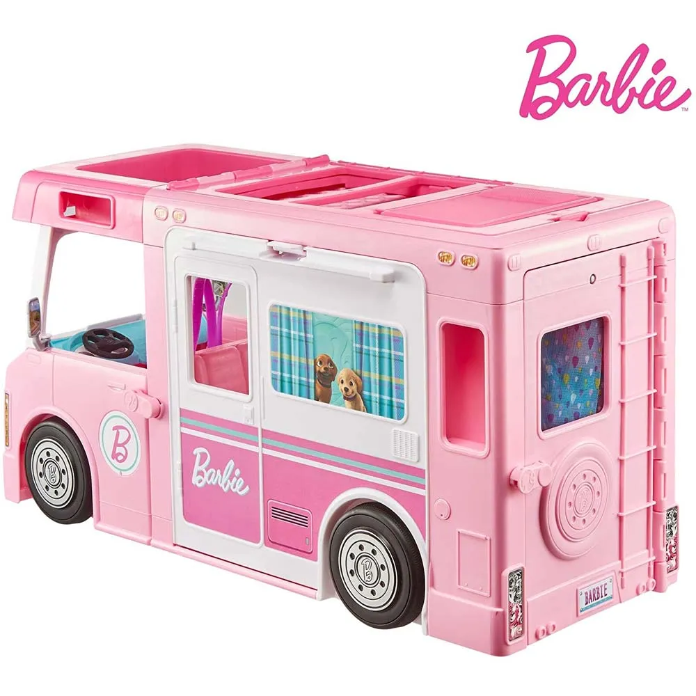 Playset Barbie Camper dei Sogni 3in1 con 3 Veicoli e 50 Accessori Giocattolo