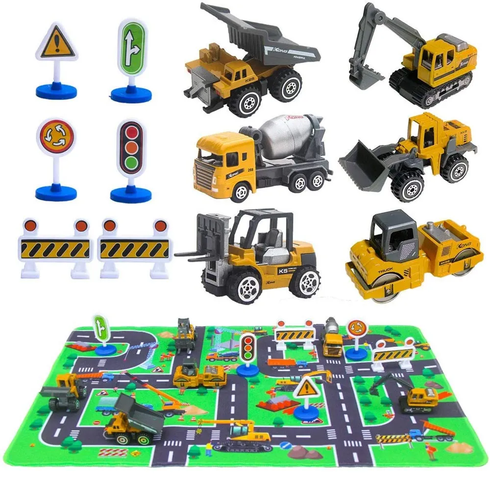 Playset Veicoli da Lavoro Giocattoli Bambini con Tappeto Gioco Citta e Accessori