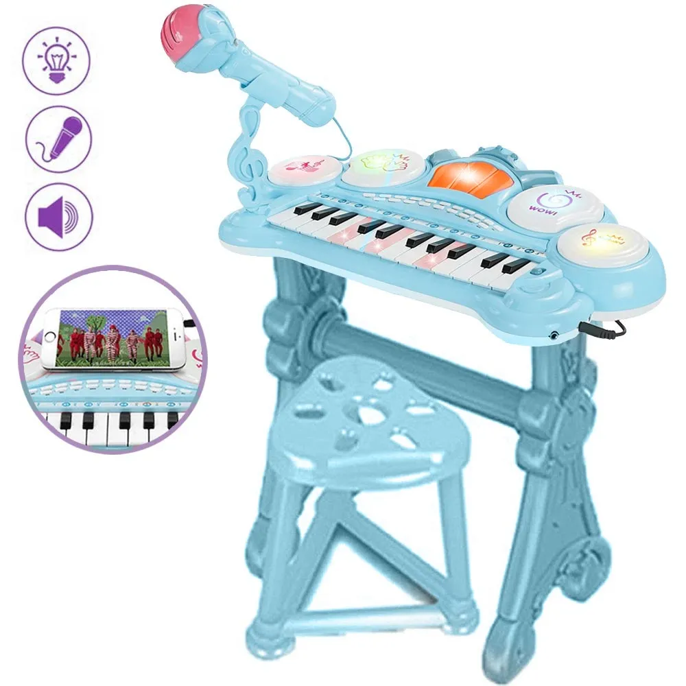 Pianola Tastiera Giocattolo Bambini 24 Tasti Microfono Attacco Mp3 Supporto Blu