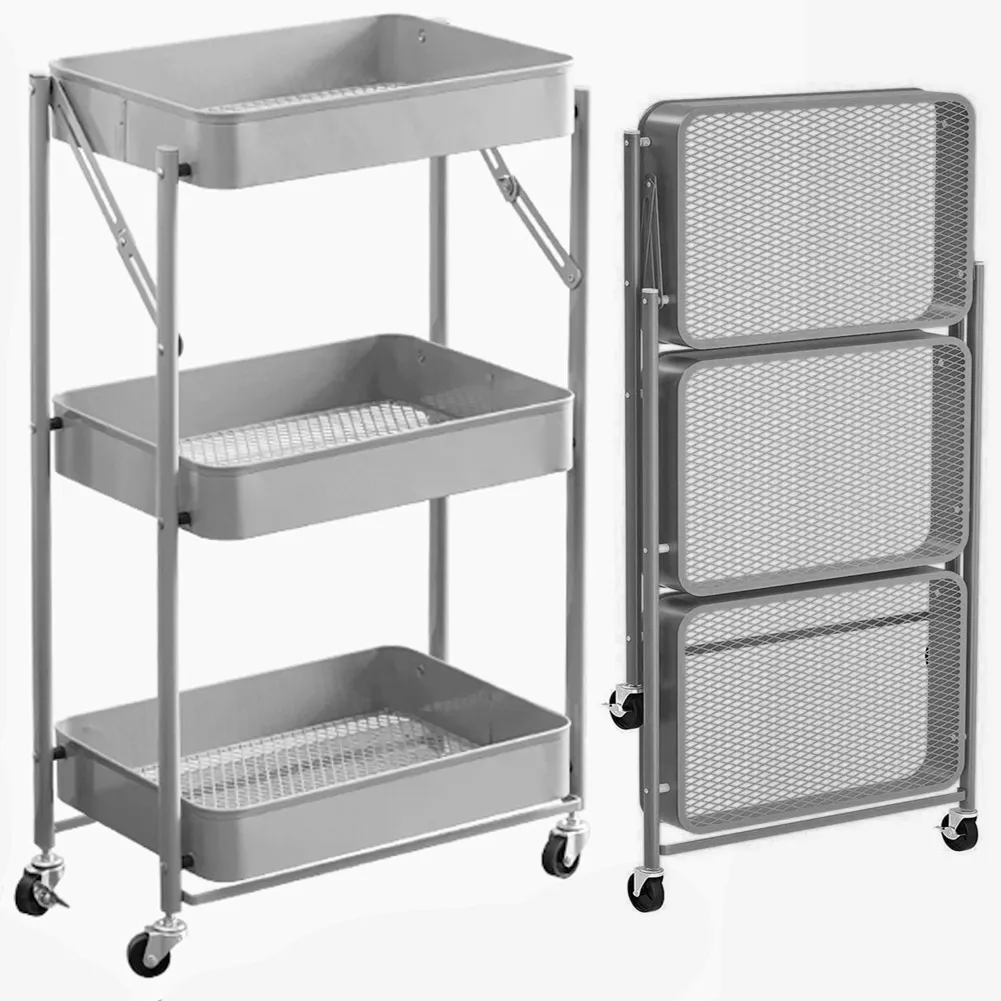 Carrello cucina Slim Pieghevole 3 Ripiani Metallo Trolley Servizio 4 Ruote Grigi