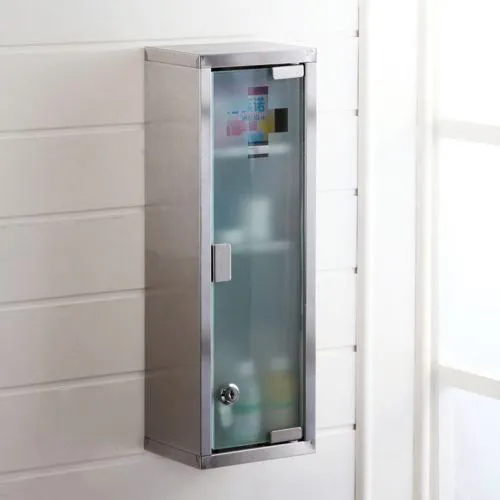 Armadietto Armadio Porta Medicinali Parete Acciaio Inox Vetro Satinato 45x15x12