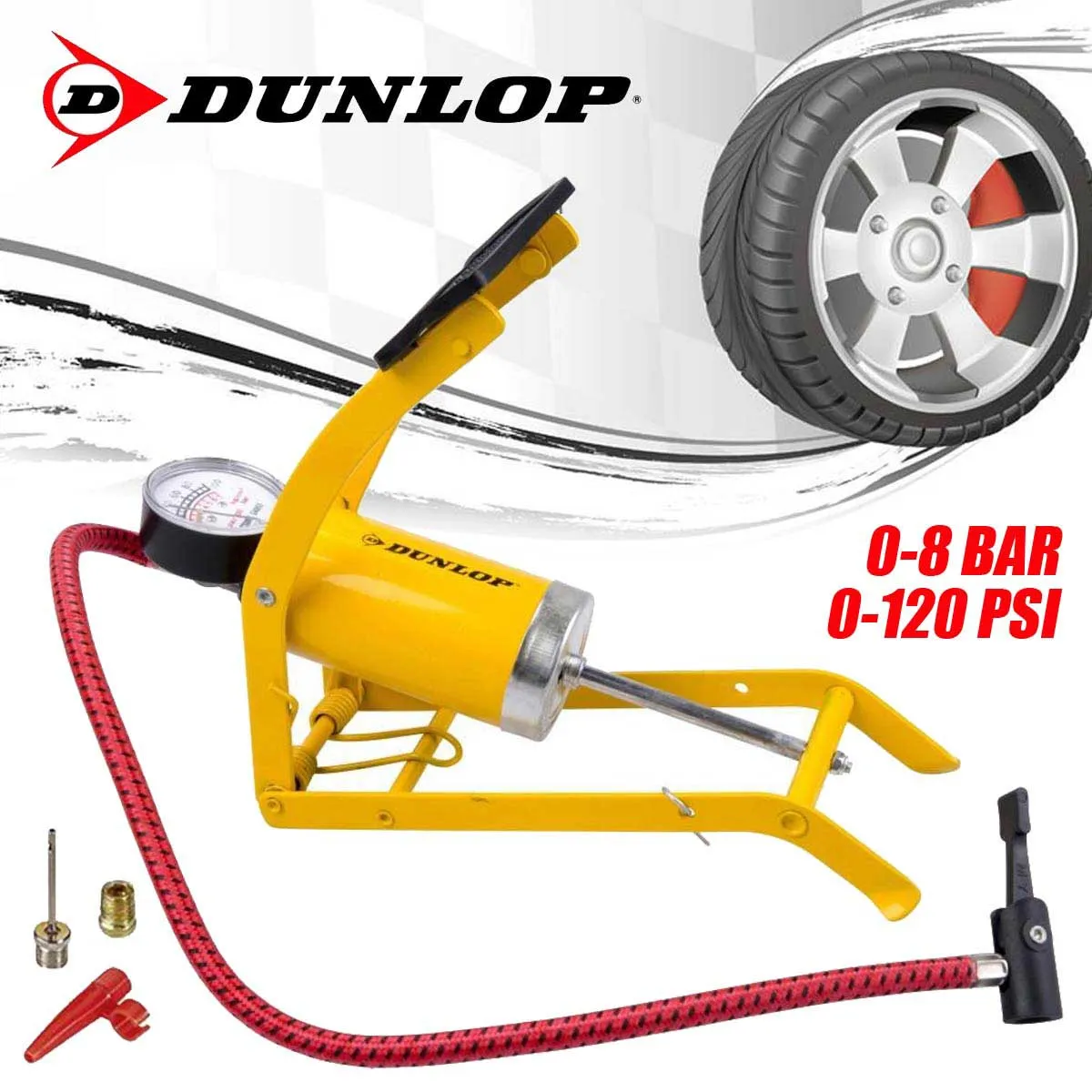 Pompa a Pedale Gonfiatore a Cilindro Per Pneumatici Gomme Auto Moto Bici Dunlop