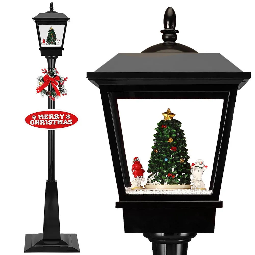 Lampione Natale con Luce LED Scena Natalizia Motorizzata Neve Musica 180cm Nero