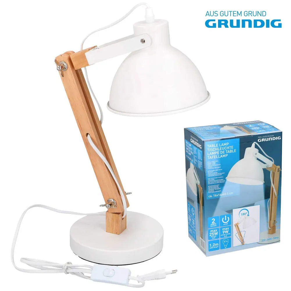 Lampada da Scrivania Tavolo Grundig in Legno Metallo Regolabile Lampadina E14