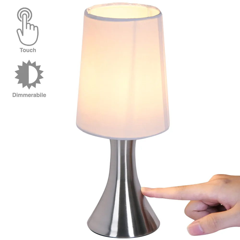 Lampada Tavolo Lume Comodino Accensione Touch Luce Dimmerabile Metallo Tessuto