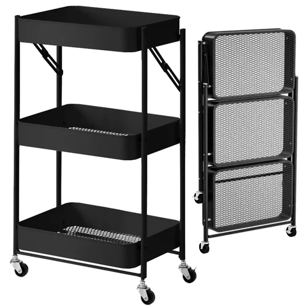 Carrello cucina Slim Pieghevole 3 Ripiani Metallo Trolley Servizio 4 Ruote Nero