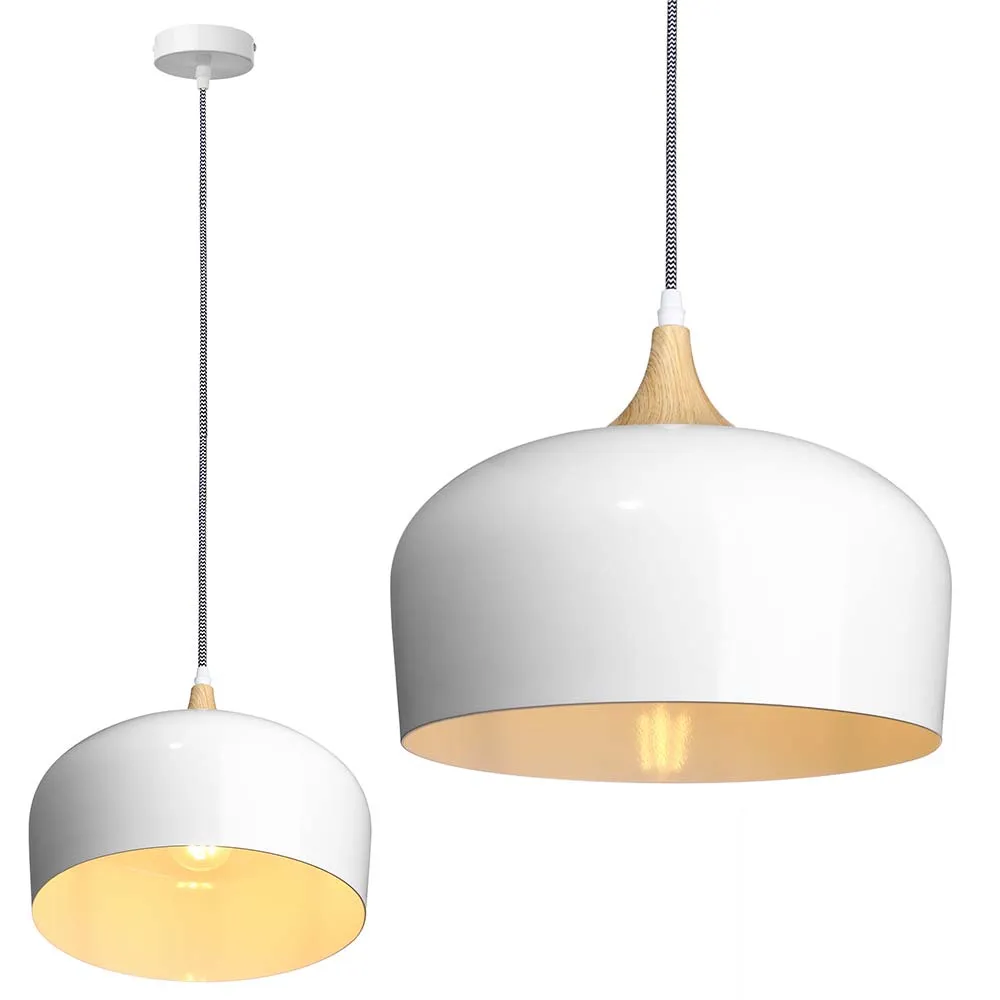 Lampadario Lampada Sospensione Design Moderno Metallo Legno Paralume Bianco