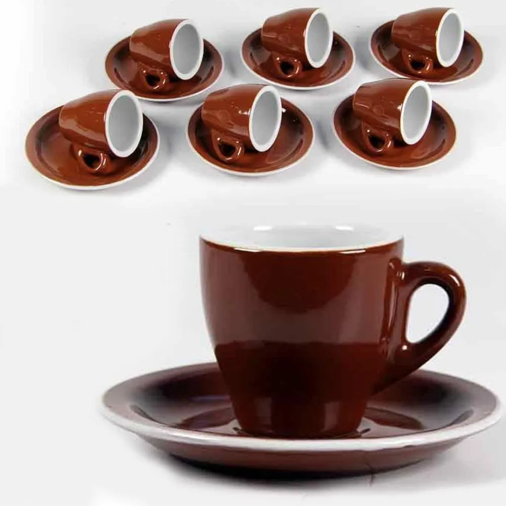 Servizio Set 6 Tazzine da Caffe Tazzina in Ceramica con Piattino Marrone 95ml