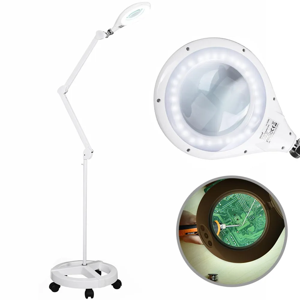 Lampada Lavoro Lente Ingrandimento 5 Diottrie Luce 56 LED Estetista con 4 Ruote