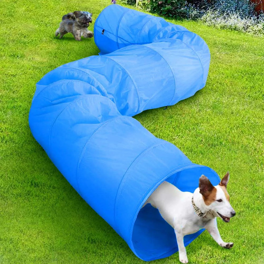 Tunnel Gioco Addestramento Cani Gatti Animali 200x48cm Tessuto Azzurro con Borsa