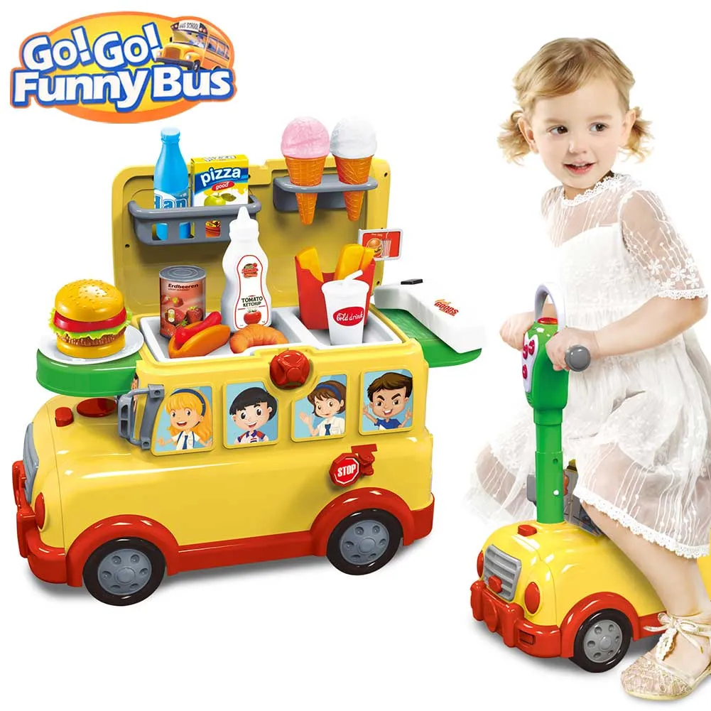 Cavalcabile Trolley Schoolbus Fast Food Giocattolo Bambini 3in1 con Luci e Suoni