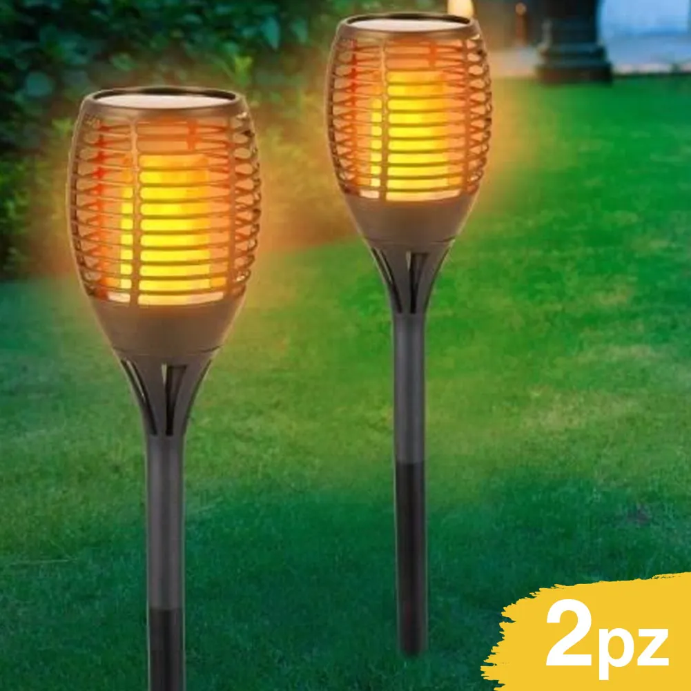 2 Lampade Giardino Effetto Fuoco 59cm Ricarica Solare Fiaccola Torcia Luce LED