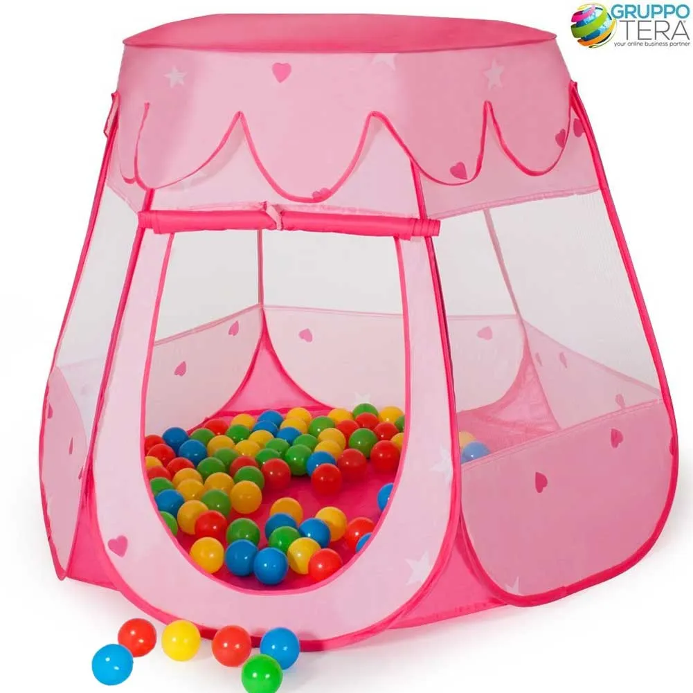 TENDA GIOCO PER BAMBINI CON 100 PALLINE COLARATE ROSA POP-UP CON SACCA