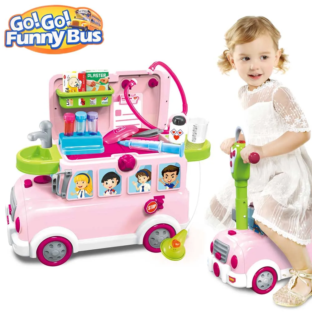 Cavalcabile Trolley Schoolbus Dottoressa Giocattolo per Bambini 3in1 Luci Suoni