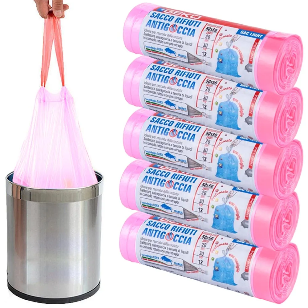 5 Rotoli Sacchetti Buste Spazzatura Profumati 30Lt 50x60 con Manici Rosa 100pz