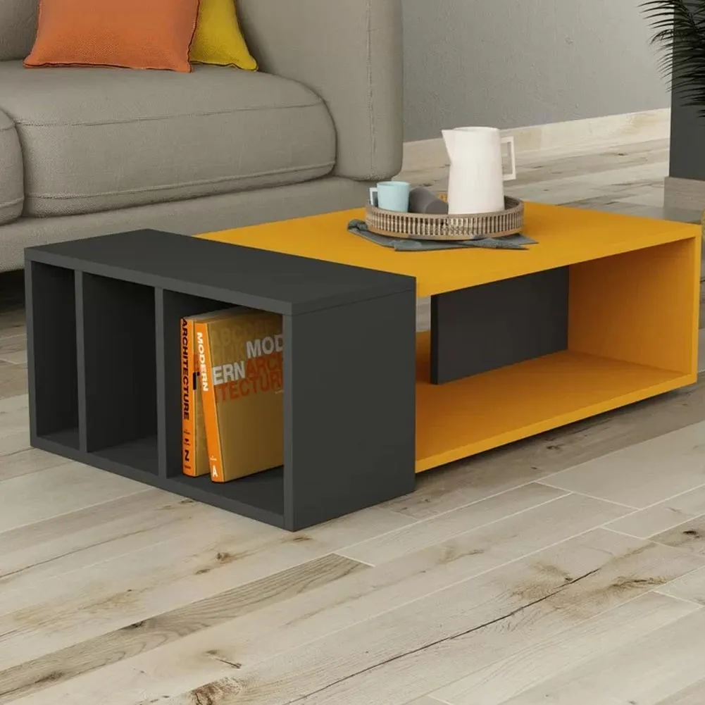 Tavolino Divano Salotto Rettangolare Design Moderno Legno con Libreria Senape