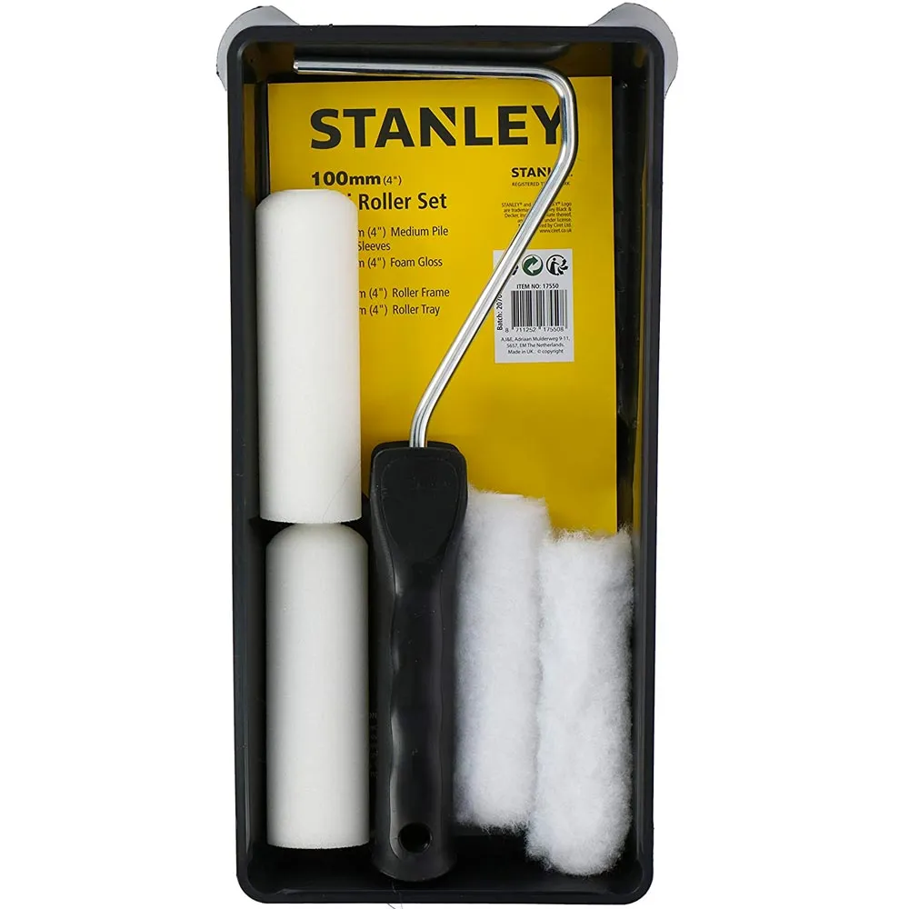 Set Pittore Stanley con 4 Rulli 10cm e Vaschetta Pittura Verniciare Pareti Casa