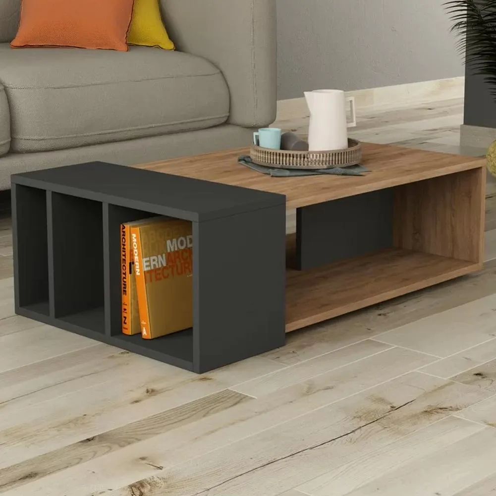 Tavolino Divano Salotto Rettangolare Design Moderno Legno con Libreria Quercia