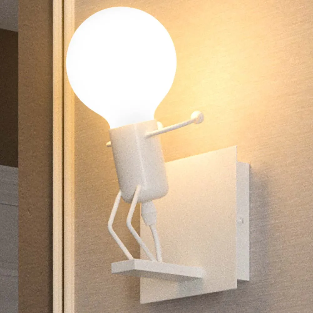 Lampada Applique Parete Omino Lampadina Metallo Design Moderno Luce E27 Bianco