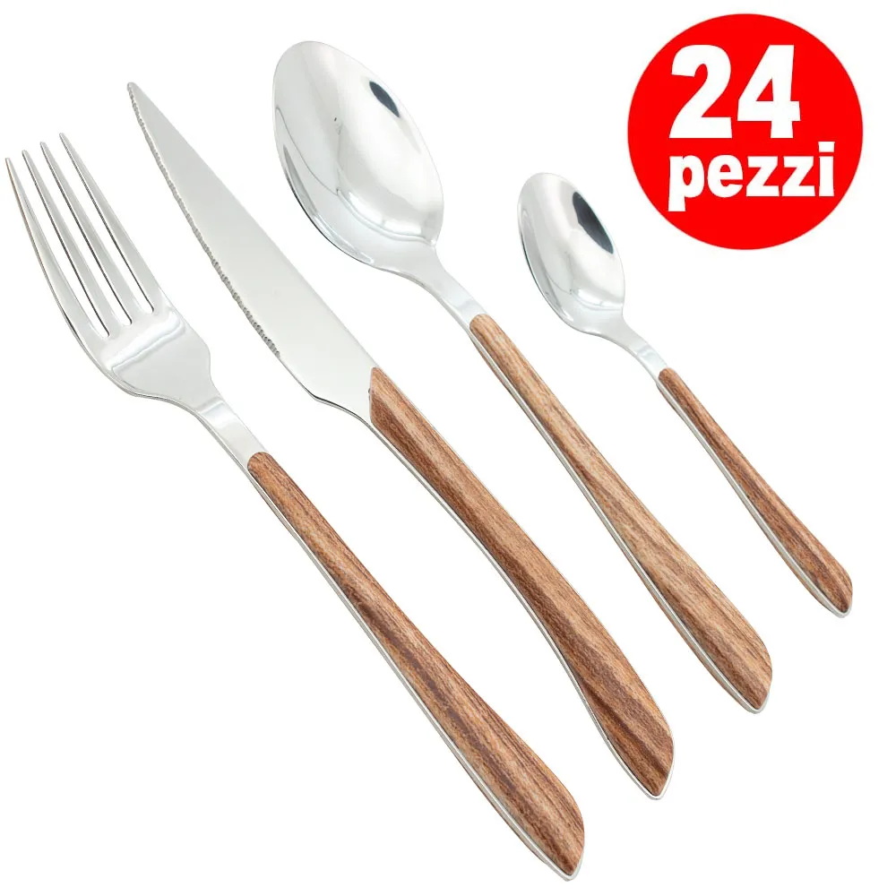 Set Servizio 24 Posate Effetto Legno In Acciaio con Forchette Cucchiaio Coltello