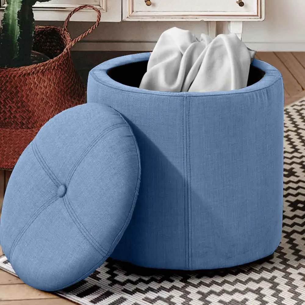 Pouf Contenitore Sgabello Cassapanca Poggiapiedi Tessuto Blu 40x36cm Moderno