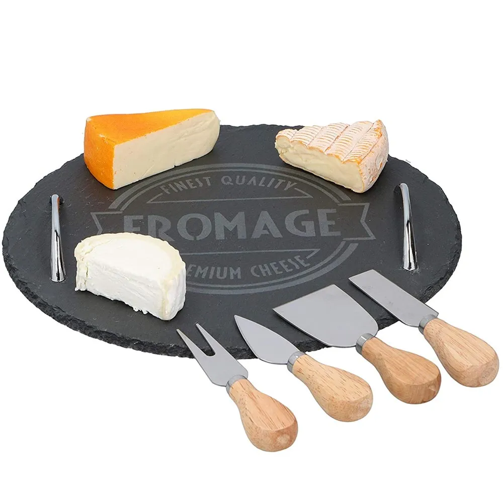 Set Vassoio Tagliere Tondo per Formaggio in Ardesia + 4 Strumenti Formaggi