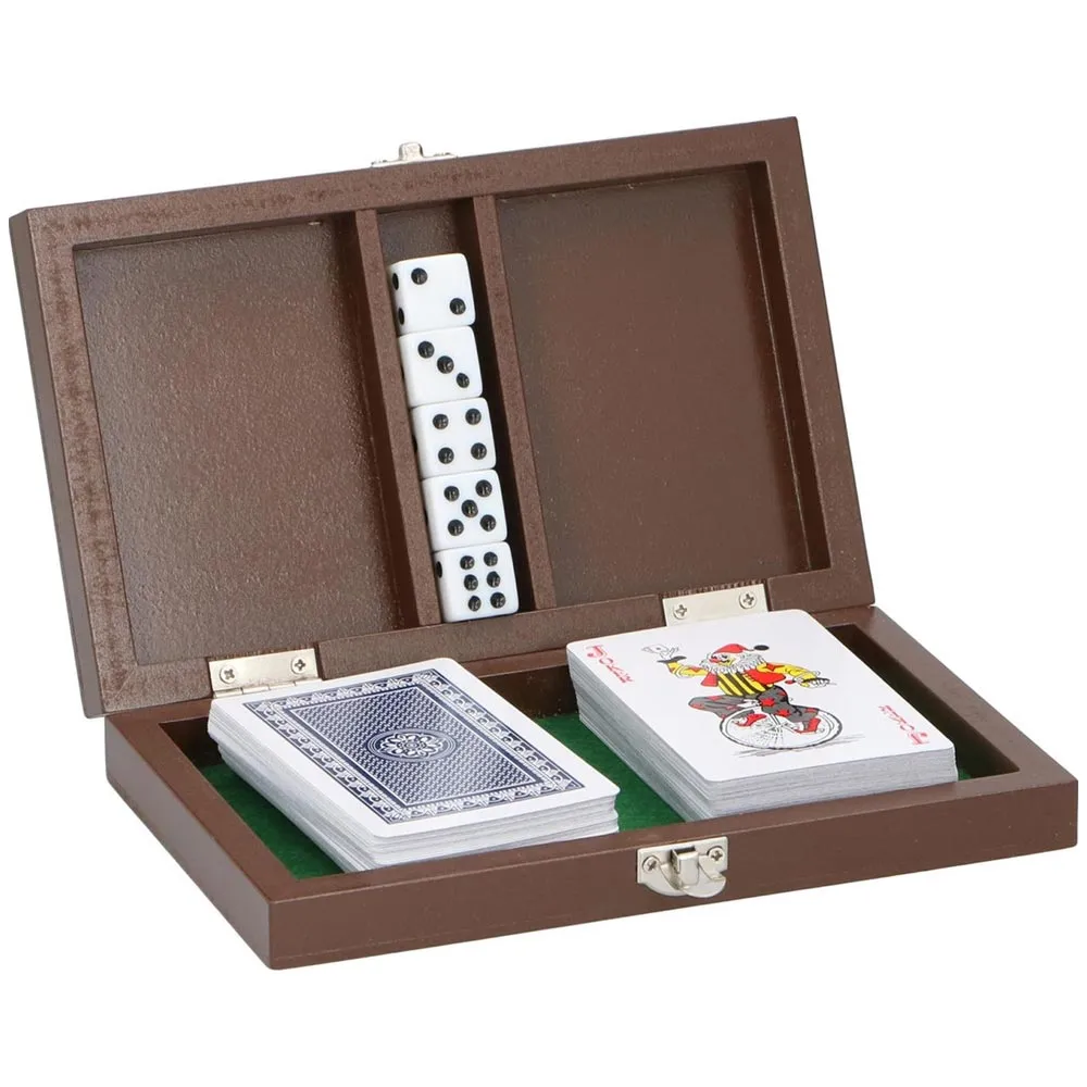 Set Mazzo di Carte Francesi + 5 Dadi Custodia in Legno per Poker Texano Bridge