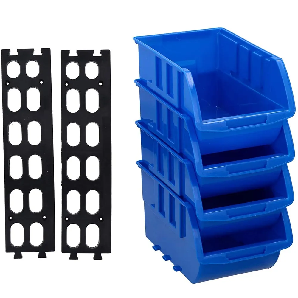 Set 4 Contenitori Box Porta Minuteria Attrezzi Lavoro con 2 Staffe da Parete