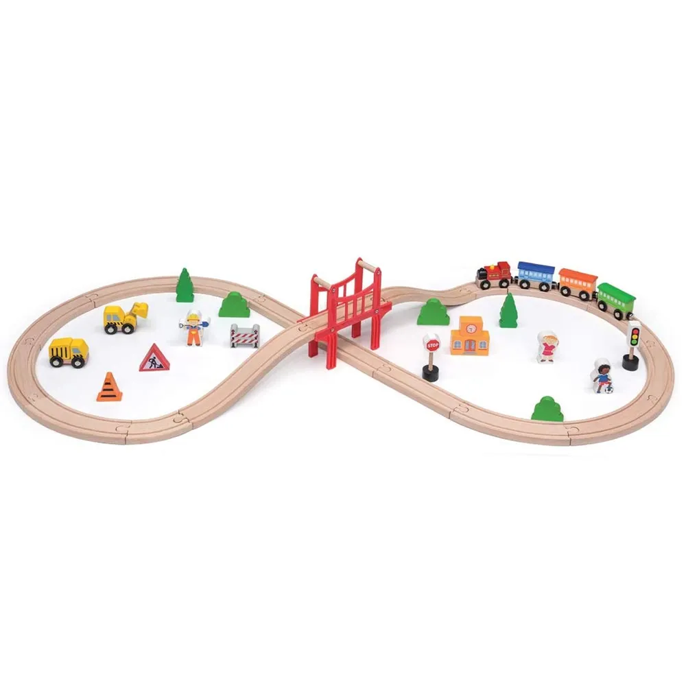 Pista Treno Trenino in Legno Giocattolo Bambini con Locomotiva e Accssori Gioco