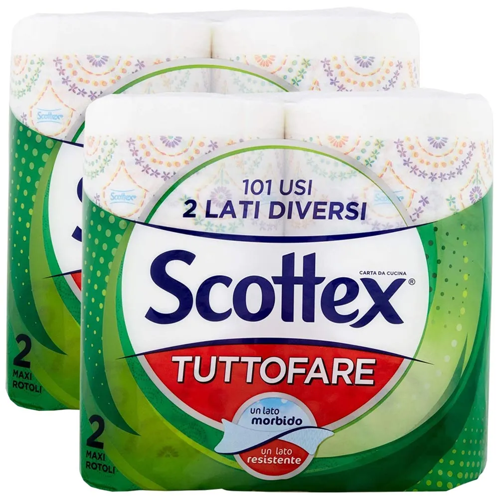 2 x Coppia Rotoloni Double Face Scottex 4 Maxi Rotoli Tuttofare Due Lati Diversi