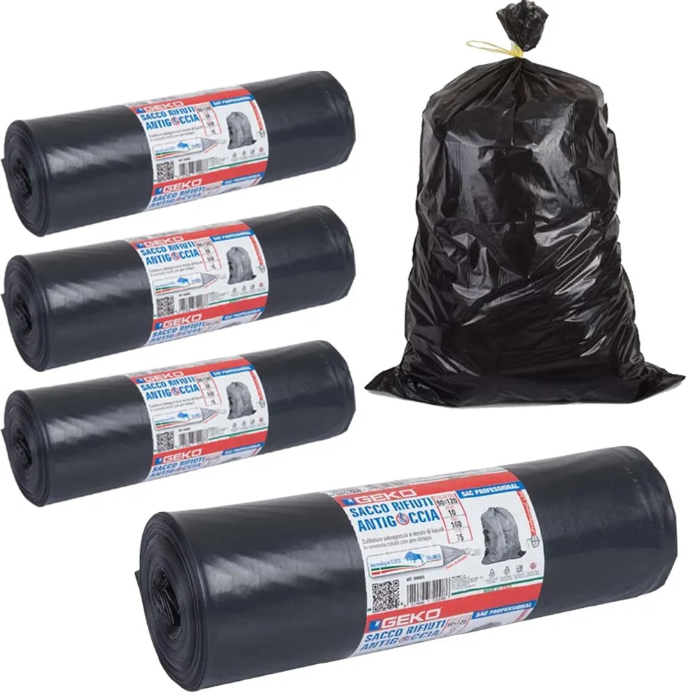 4x Rotoli Sacchetti Buste Spazzatura 175Lt 100x120 Chiusura Laccetto Nero 40pz