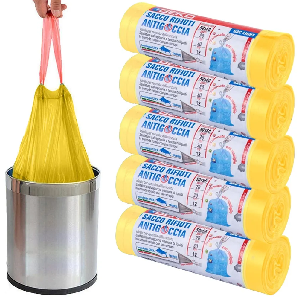 5 Rotoli Sacchetti Buste Spazzatura Profumati 30Lt 50x60 con Manici Giallo 100pz